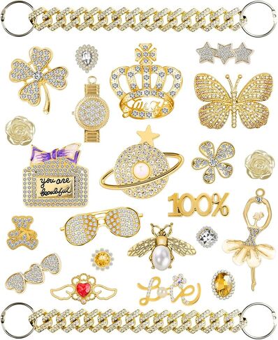 24Pcs Gold Bling Shoe Charms for Women,Designer Shoe Charms Crystal Jewelry Diamond Shoe Decoration Charms Pearl Gems Rhinestone Luxury Accessories Shoe Chain Charms in Saudi Arabia