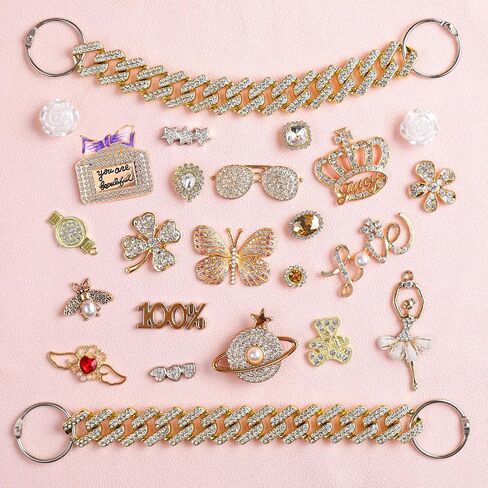 24Pcs Gold Bling Shoe Charms for Women,Designer Shoe Charms Crystal Jewelry Diamond Shoe Decoration Charms Pearl Gems Rhinestone Luxury Accessories Shoe Chain Charms in Saudi Arabia
