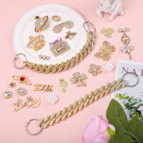 24Pcs Gold Bling Shoe Charms for Women,Designer Shoe Charms Crystal Jewelry Diamond Shoe Decoration Charms Pearl Gems Rhinestone Luxury Accessories Shoe Chain Charms in Saudi Arabia