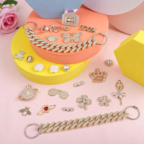 24Pcs Gold Bling Shoe Charms for Women,Designer Shoe Charms Crystal Jewelry Diamond Shoe Decoration Charms Pearl Gems Rhinestone Luxury Accessories Shoe Chain Charms in Saudi Arabia
