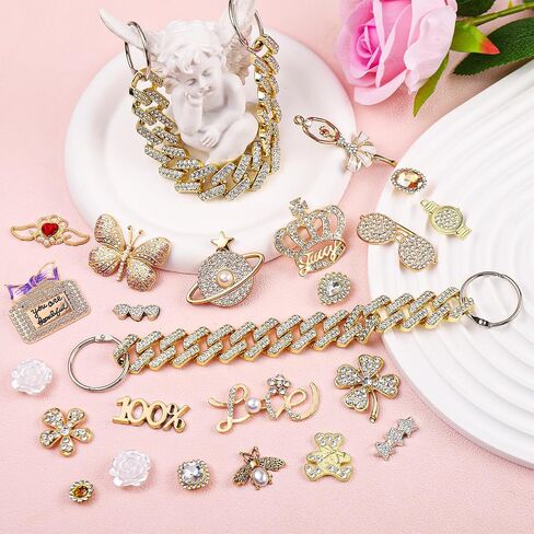 24Pcs Gold Bling Shoe Charms for Women,Designer Shoe Charms Crystal Jewelry Diamond Shoe Decoration Charms Pearl Gems Rhinestone Luxury Accessories Shoe Chain Charms in Saudi Arabia
