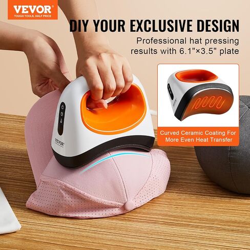 VEVOR Hat Press Machine, Mini Hat Heat Press for Caps with 3 Heating Levels, Cap Heat Press Machine with 6.1 x 3.5 inch Curved Heating Plate, Safety Base, and Glove, Automatic Shut-Off, White in Saudi Arabia