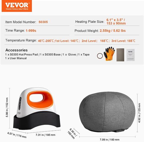 VEVOR Hat Press Machine, Mini Hat Heat Press for Caps with 3 Heating Levels, Cap Heat Press Machine with 6.1 x 3.5 inch Curved Heating Plate, Safety Base, and Glove, Automatic Shut-Off, White in Saudi Arabia