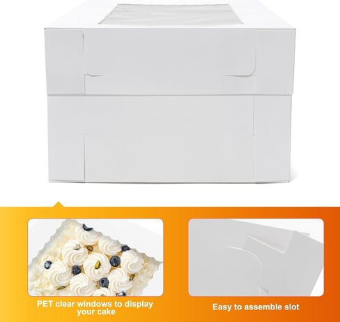 علب الكيك مقاس 14 × 10 × 4 6 قطع من علب الخبز مستطيلة الشكل مع نافذة 1/4 ورقة من علب الكيك بطول 14 بوصة - الكعك، كعكة الخبز المعجنات، الفطيرة صناديق التعبئة من الورق المقوى الأبيض in Kuwait