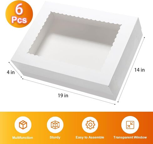 علب الكيك مقاس 14 × 10 × 4 6 قطع من علب الخبز مستطيلة الشكل مع نافذة 1/4 ورقة من علب الكيك بطول 14 بوصة - الكعك، كعكة الخبز المعجنات، الفطيرة صناديق التعبئة من الورق المقوى الأبيض in Kuwait