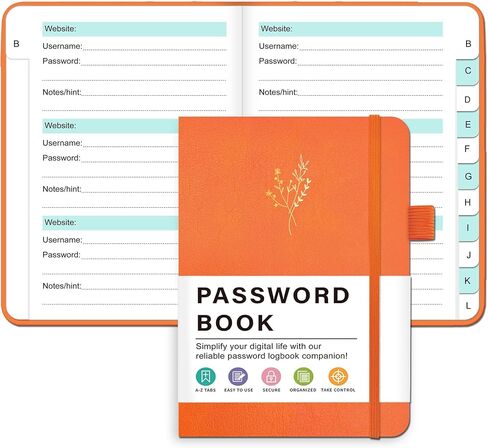 كتاب حارس كلمة المرور مع علامات تبويب أبجدية، كتاب كلمة مرور غلاف فني لتسجيل الدخول إلى عنوان موقع الإنترنت، دفتر كلمات مرور صغير مثالي، حارس كلمات مرور ومنظم للمكتب المنزلي، برتقالي in Saudi Arabia