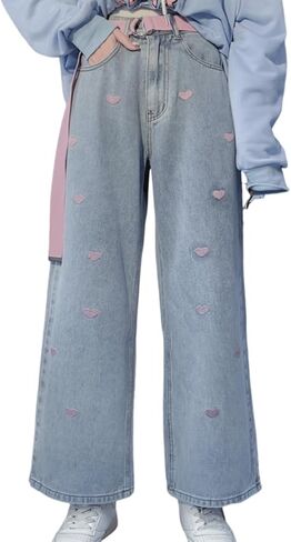 Harajuku Goth Kawaii Aesthetic Casual High Waisted Straight Wide Leg Vintage Pink Heart Embroidery Jean Pants in Saudi Arabia
