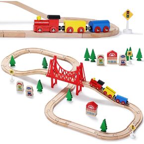 SainSmart Jr. Wooden Train Set for Toddler with Suspension Bridge - 37 Pcs Wooden Tracks fits Fits Brio, Thomas, Melissa and Doug, Train Toy for 3 4 5 Years Old and Up