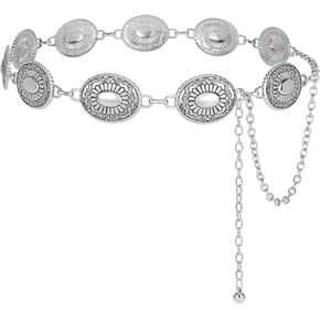 KASBAH Women Western Concho Belts For Dresses Jeans Western Cowgirl Waist Chain Belt Adjustable Metal Concho Belt, Antique Silver-flower