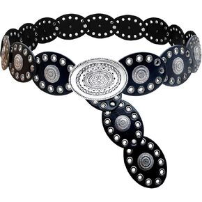 Western Belt for Women, Boho Cowgirl Concho Belt, Circle Brown Wide Belt, Vintage Disc Accessories