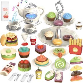Tea Party Set for Little Girls, 60pcs Princess Toddler Toy Tea Set for Girls Age 3 4 5 6 Year Old, Kids Kitchen Pretend Play Toys with Cake,Dessert,Doughnut,Teapot, Toy Kitchen sets for Birthday Gifts