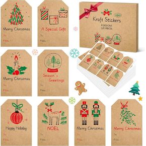 Sooez 120Pcs Christmas Gift Tags, Natural Brown Kraft Gift Stickers for Presents, Self Adhesive to and from Name Labels, Xmas Peel and Stick Gift Wrap Tags for Festival Holiday Birthday, 2" x 3"