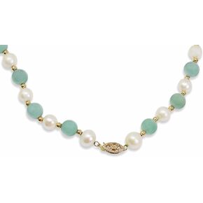 Jade Pearl 14K Yellow Gold Necklace 7-8 mm, Freshwater Pearl with Gold Clasp Beads Necklace, 18 Inches Length, Round
