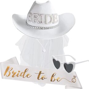 Bride Cowgirl Hat and Veil Bachelorette Party | White Cowboy Hat with Bride to Be Sash | Wedding, Bridal Shower, Engagement