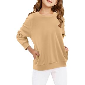 Yoklass Girls Casual Sweatshirts Long Sleeve Solid Shirt Loose Fit Color Block Tops with Pockets 4-13 Years