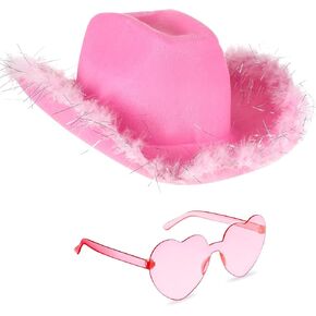 Novelty Cowgirl Hat with Heart Shaped Sunglasses - Felt Cowboy Hat and Glasses Set Rodeo Party Hats and Glasses for Women Men Kids, Cow Girl Costume Western Party Hat Accessories (Pink)