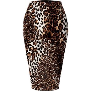 SSOULM Women's Work Office Stretchy Fitted Midi Pencil Skirt with Animal Choco Slit and Plus SizeANIMAL Choco XL