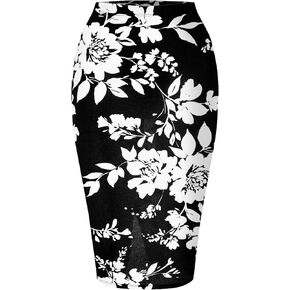 SSOULM Women's Work Office Stretchy Fitted Midi Pencil Skirt with FLOWERBLACK Slit and Plus SizeFLOWERBLACK XL
