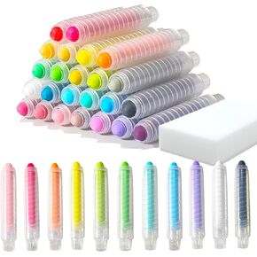 24Colors Dustless Chalk for Kids,Colored Sidewalk Chalk With Holder,Washable Toddlers Chalks with Chalkboard Eraser for Blackboard Drawing Writing Outdoor Art Play