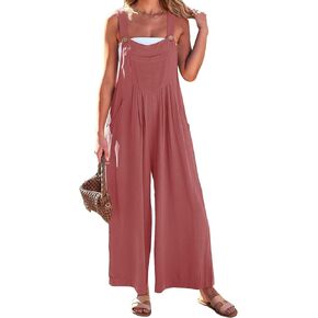 Women's Casual Linen Jumpsuits Overalls Wide Leg Summer Outfits Rompers Jumpers Button Sleeveless Straps With Pockets
