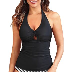 Women Tankini Bathing Suit Top - Halter V Neck Swim Top Only Twist Front Tummy Control Swimwear Top No Bottom