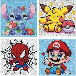 4 Packs Diamond Art Kits for Kids, 5D Cartoon DIY Diamond Mosaic Kits for Beginners, Children Arts and Crafts for Kids Ages 8-12 Round Full Drill Gem Art for Home Wall Decor Kids Present 6X6 inch