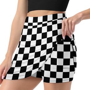 Black White Race Checkered Flag Women's Tennis Skirt with Shorts Pockets, A-line Light Proof Trouser Skirt