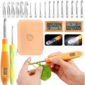 18 Size Light Up Crochet Hook Set - for Left & Right Hander Counting Crochet Hooks, Ergonomic Crochet Hook Set with LED Lights and Digital Crochet Stitch Counter, Rechargeable Lighted Crochet Hooks