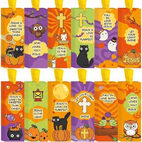Frienda 60 Pcs Religious Halloween Bookmarks Faith Market Bookmarks Jesus Faith Halloween Event Christian Bookmarks with Ribbon for Religious School Halloween Event Student Party Gift