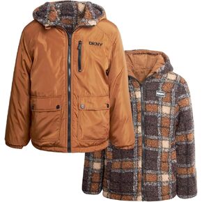 DKNY Boys' Puffer Jacket - Zip Up Hooded Reversible Puffer to Plaid Sherpa Winter Jacket - Outerwear Jackets for Boys (8-20)