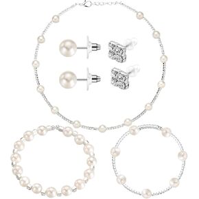Glenmal Pearl Jewelry Set for Women Wedding Faux Girls Pearl Necklace Bracelet Earrings Set Simulated Kids Pearl Set White for Halloween Costume Accessories Birthday Party Gift