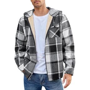 COOFANDY Men's Flannel Fleece Jacket Sherpa Lined Shirt Jacket Plaid Zip Up Hoodie Winter Warm Coats with Hood