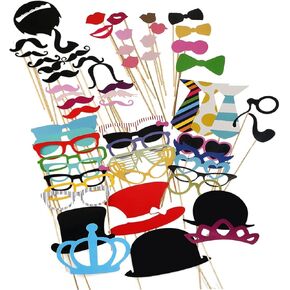 Tinksky Photo Booth Props 60 piece DIY Kit for Wedding Party Reunions Birthdays Photobooth Dress-up Accessories & Party Favors, Costumes with Mustache on a stick, Hats, Glasses, Mouth, Bowler, Bowties