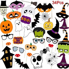 Halloween Photo Booth Props Kit, 34 Pieces DIY Vintage Scary Party Supplies with Vampire Skull Witch Photography Decoration Kit for Kids Adults Dress Up Accessories Costumes Props