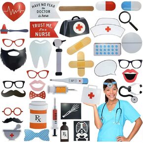 40 Pcs Dental Photo Booth Props Kit for Photoshoot, Doctor Nurse Dentist Hospital Accessories Photo Props with Wooden Sticks for Adult Kids DIY Gifts Costumes Theme Party Celebration