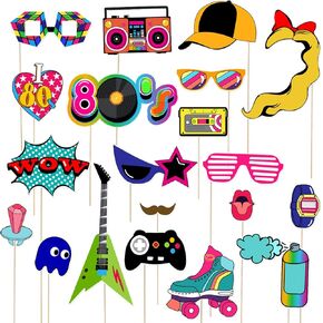 LUOEM 21pcs 80's Photo Booth Props Funny Birthday Party Photo Props with Wooden Sticks Creative Party Supplies, for 1980s Theme Birthday Party Decoration Accessories