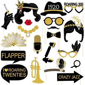 Amosfun 1920s Party Photo Booth Props 20pcs with Wooden Sticks Creative Funny Glitter Photo Props 1920 Theme Party Supplies（Black Gold）