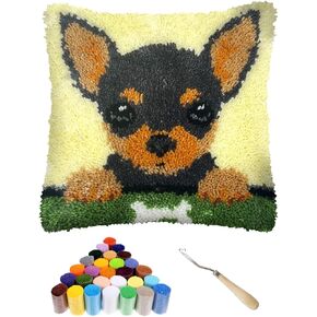 veirousa Chihuahua Puppy Latch Hook Kits for Adults, Beginners DIY Crochet Pillow Kit Pre-Printed Pillowcase Hook and Latch Rug Kits Needlework Cushion Cover for Home Sofa Decoration 17x17 inch