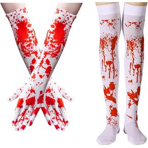 Halloween Bloody High Socks and Blood Gloves Long Sleeve Ghost Hand Full Finger Gloves Women Stockings for Halloween Cosplay Costume Party