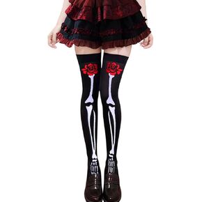 Rose Skeleton Knee High Socks – Black Halloween Over Knee Leggings Skeleton Costume & Dress Up Stockings