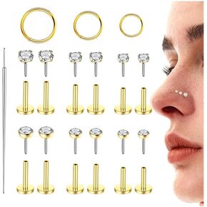 Staligue 18G/20G Threadless Nose Studs,316L Surgical Steel Push in Nose Rings Studs CZ Tragus Conch Helix piercing jewelry Flat Back Earrings Lip Labret Gold Nose Studs Monroe Medusa Piercing Jewelry