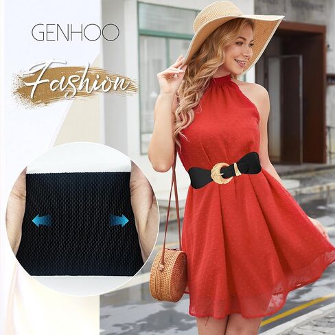 Genhoo Womens Elastic Waist Belt for Dress Stretchy Wide Belts Vintage Leather Cinch Belt with Gold Buckle in Saudi Arabia