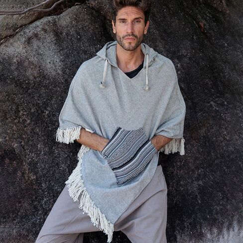 virblatt - Poncho Men | 100% Cotton | Mexican Poncho Men Baja Hoodie |Big Hood| Winter Pancho Warm Hooded Poncho Cape in Kuwait