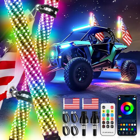 Whip Lights, 2Pcs 3FT Fat Spiral RGB LED Whip Lights for Side by Side with Wireless Remote and APP Control, RGB Chasing Lighted Antenna Whips for UTV ATV Truck Polaris Dune Buggy RZR Can-Am in Saudi Arabia