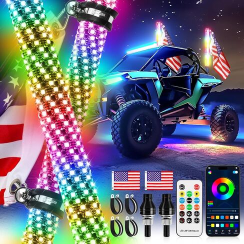 Whip Lights, 2Pcs 3FT Fat Spiral RGB LED Whip Lights for Side by Side with Wireless Remote and APP Control, RGB Chasing Lighted Antenna Whips for UTV ATV Truck Polaris Dune Buggy RZR Can-Am in Saudi Arabia