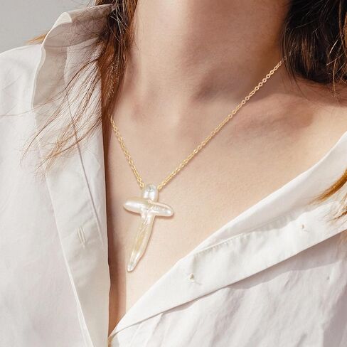 Highergo 2 Pcs Nature Pearl Cross Necklace for Women Big Chunky Pearl Cross Necklace Nature Freshwater Pearl Cross Necklace in Kuwait