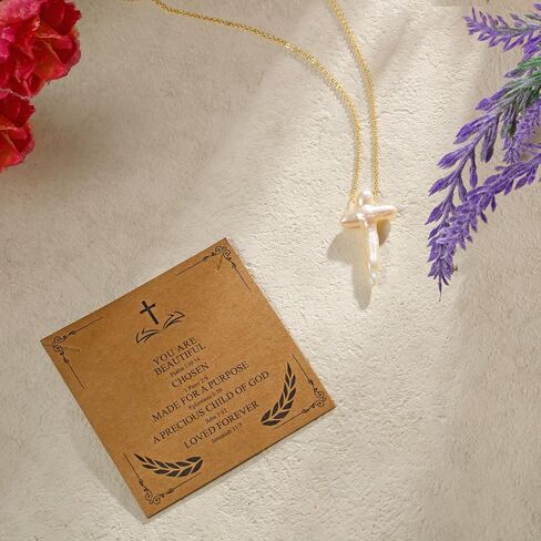 Highergo 2 Pcs Nature Pearl Cross Necklace for Women Big Chunky Pearl Cross Necklace Nature Freshwater Pearl Cross Necklace in Kuwait