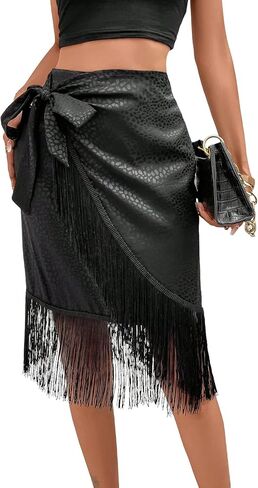 OYOANGLE Women's Party Wrap Knot Side Fringe Trim High Waist Pencil Knee Length Skirt in Saudi Arabia