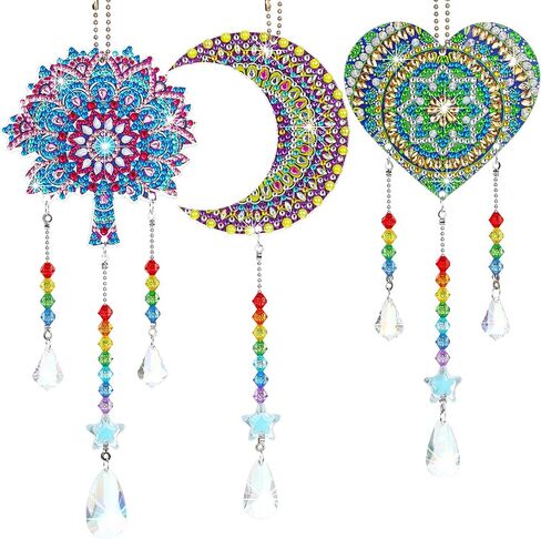 3 قطع من لوحات Suncatcher Wind Chime Cross Sun Star Moon Heart Mandala مزدوجة الجوانب من الكريستال جوهرة طلاء حسب الرقم زخرفة معلقة لحديقة المنزل (القمر، القلب، الماندالا) in Saudi Arabia