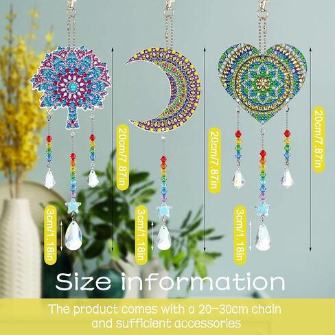 3 قطع من لوحات Suncatcher Wind Chime Cross Sun Star Moon Heart Mandala مزدوجة الجوانب من الكريستال جوهرة طلاء حسب الرقم زخرفة معلقة لحديقة المنزل (القمر، القلب، الماندالا) in Saudi Arabia